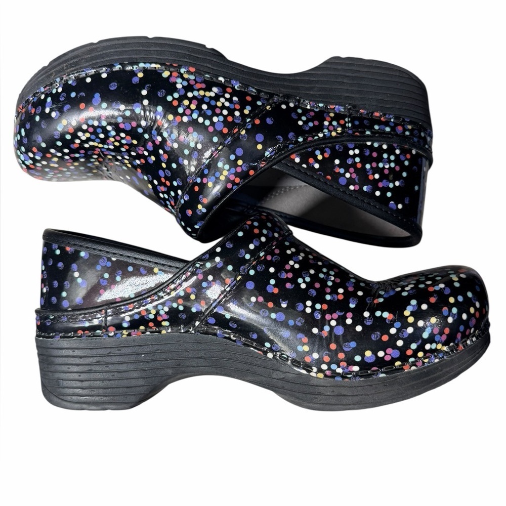 Dansko LT Pro Patent Confetti polka dot slip on clogs black multi color size 38 - Picture 3 of 11
